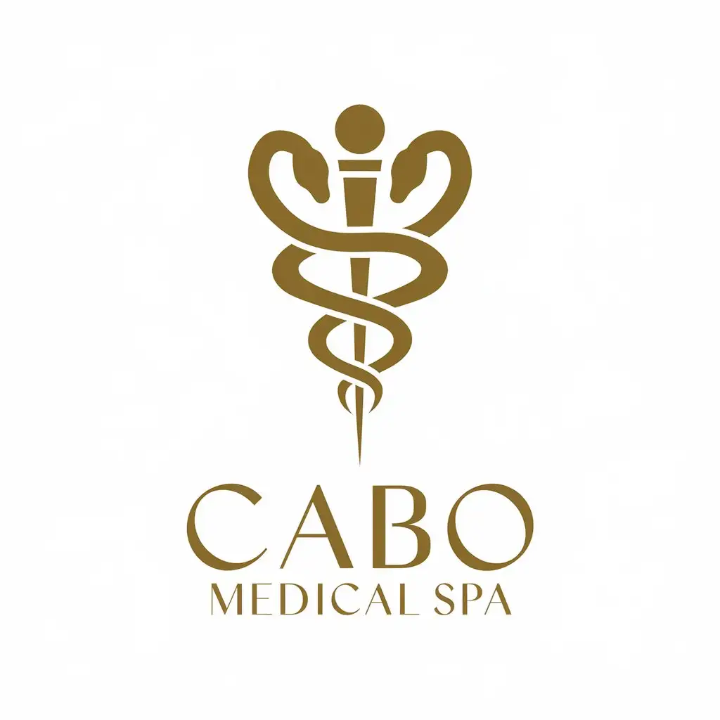 LOGO Design for Cabo Medical Spa Gold Green and Blue with Staff and Snakes Symbolizing Health and Wellness