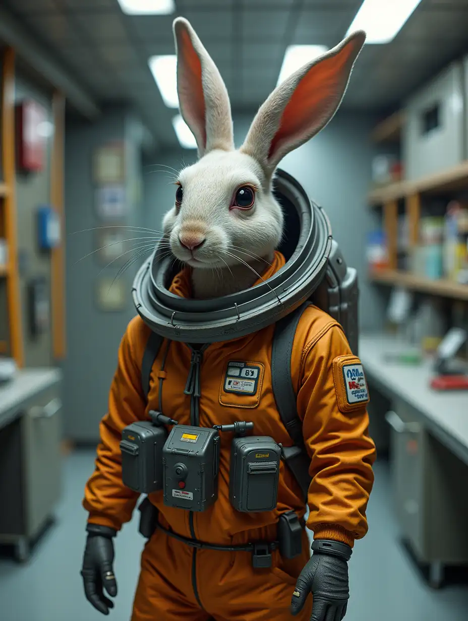 a brutal anthropomorphic rabbit with small ears in a helmetless spacesuit, background - interior of a residential module of a space base