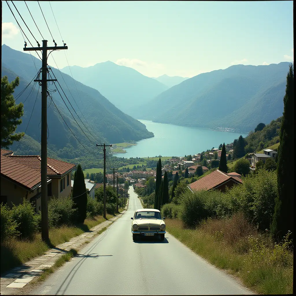 50ger years long street oldtimer car drives downhill left and right houses,plants,trees,a valley,in the distance a lake and behind it large mountains