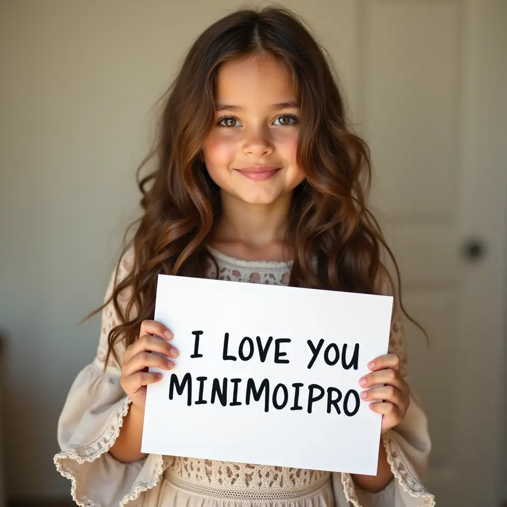 Beautiful girl with long wavy hair, wearing bohemian dress, holding a white board with the text 'I LOVE YOU MINIMOIPRO' and showing it to the viewer.