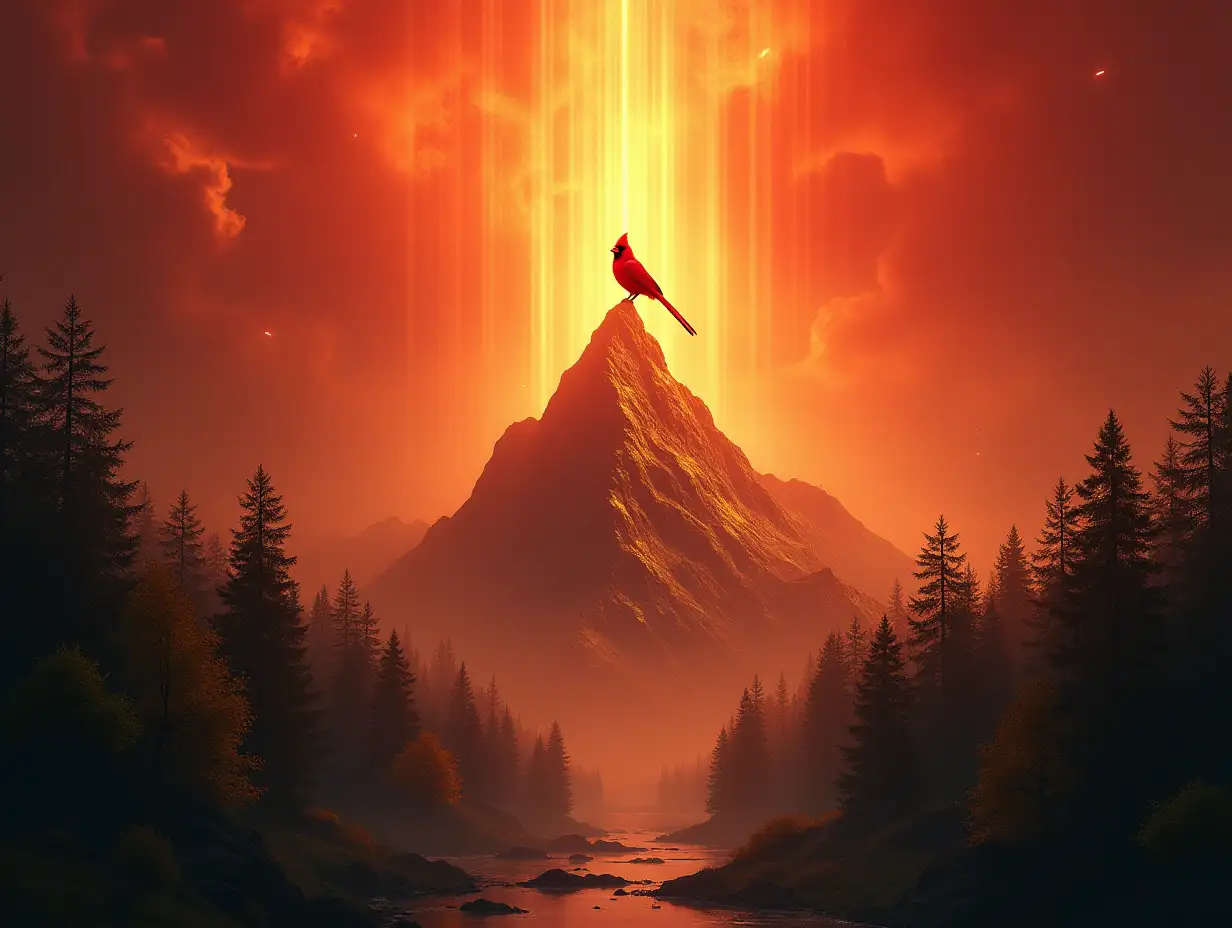 A surreal landscape depicting the 'Cardinal Tone' theme, with a towering crimson-hued cardinal bird perched atop a golden mountain. The sky glows with shades of fiery red and orange, reflecting the bird's vibrant plumage. Surrounding the scene are forests of dark green and black trees with golden highlights, symbolizing resilience and power. Ethereal light beams cascade down, creating a celestial aura.