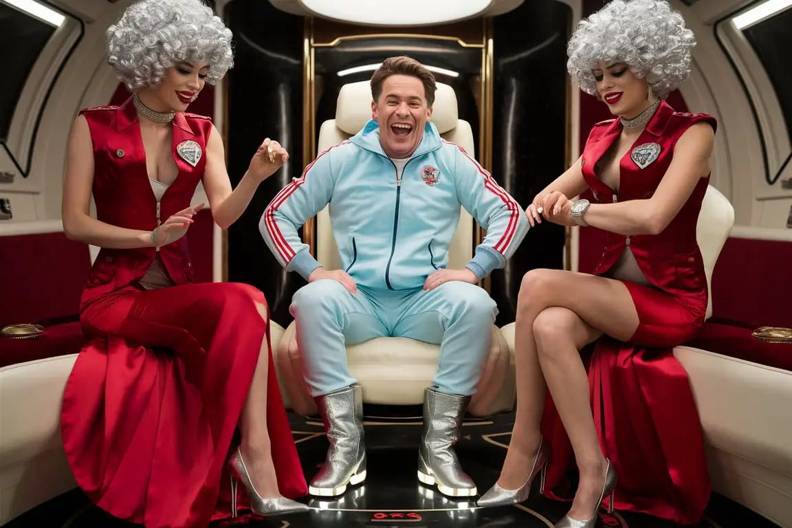 Hysterical Laughing Man in Blue Tracksuit on Luxury Spaceship