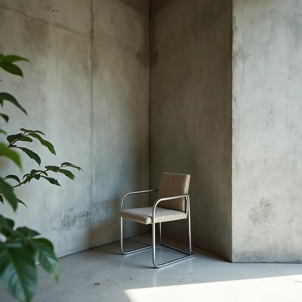 Brutalist-Interior-with-Mart-Stam-Cantilever-Armchair-and-Green-Plant