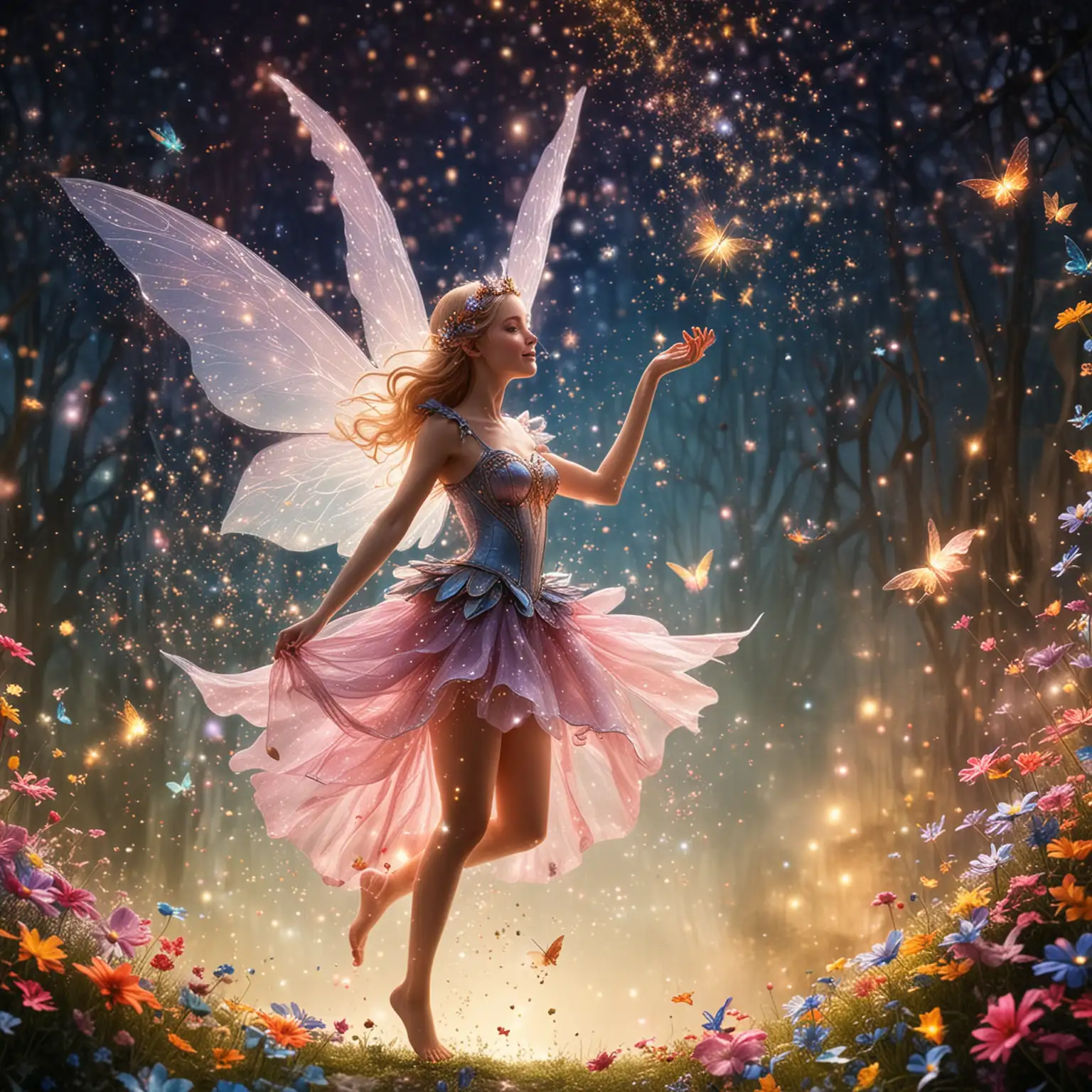 Magical Scene with Queen Fairy and Flying Fairies in Sparkling Fairy Dust