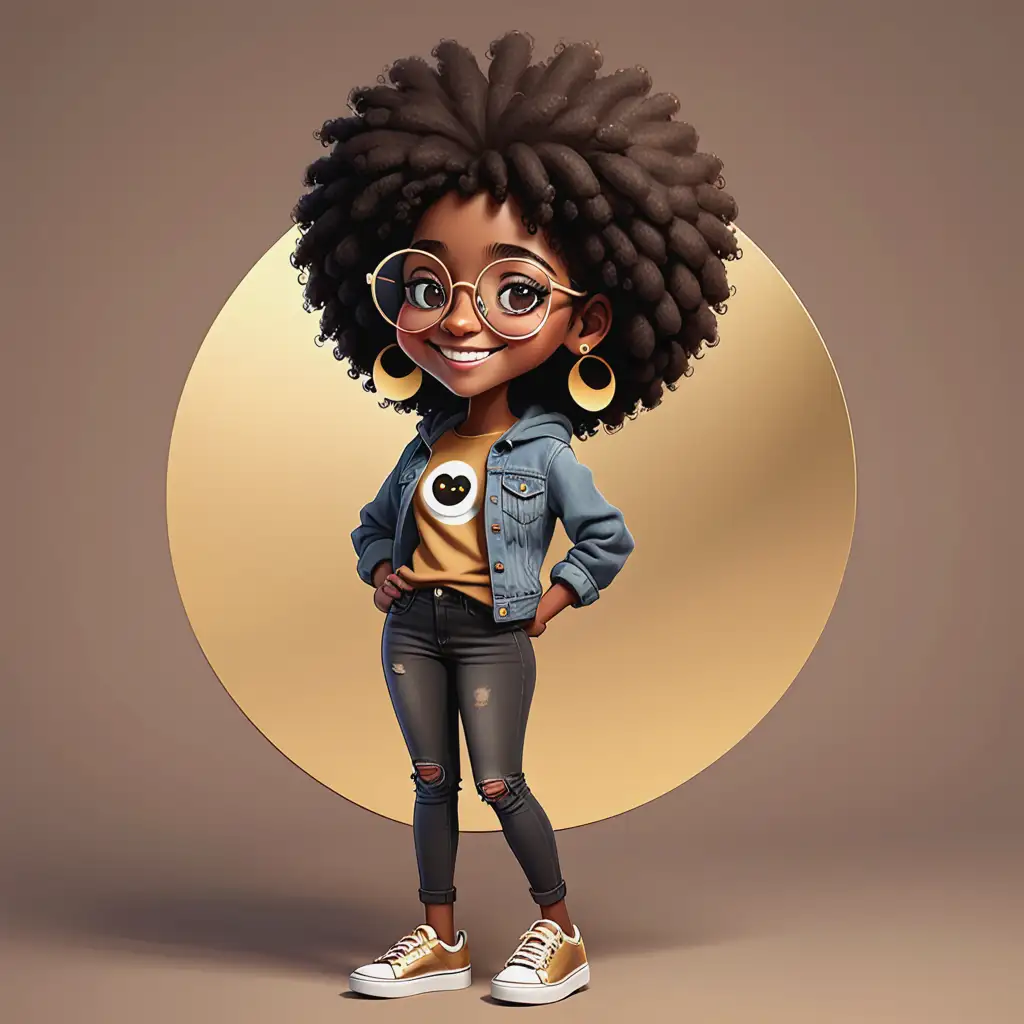 Joyful Teenage Girl with Afro Hair and Gold Circle Glasses