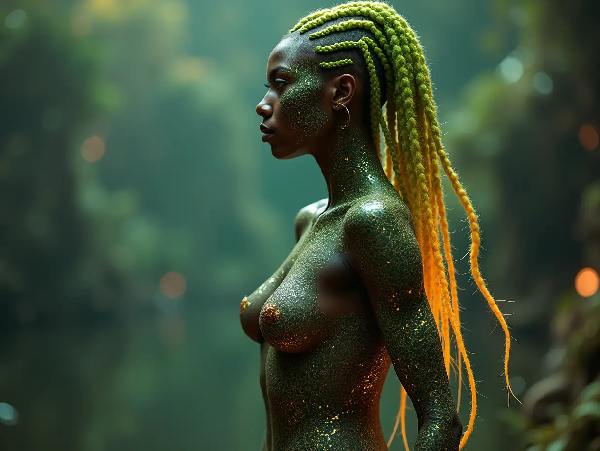 A futuristic warrior, their vibrant green and gold braids glowing with inner light, stands poised and ready. Intricate body art flows across their form, adding to their air of focused intensity and quiet anticipation