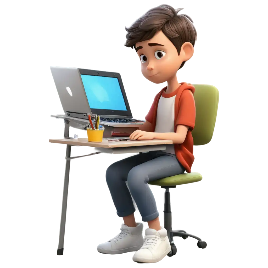 Young-Boy-Cartoon-Using-Laptop-PNG-Image-Modern-Desk-Scene-with-Concentration