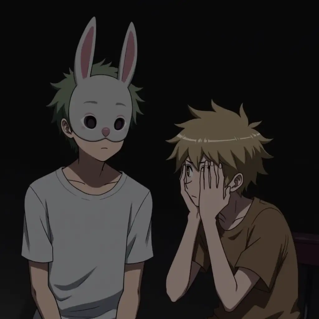 Two boys are sitting and talking. One boy is wearing a white t-shirt and a mask of a rabbit on his face. Another boy is wearing a brown t-shirt. He is sitting with his hands on his face. The picture is dark. Anime style.