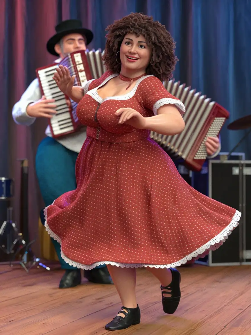 Happy-Chubby-Woman-Dancing-in-Front-of-a-3D-Accordion-Player