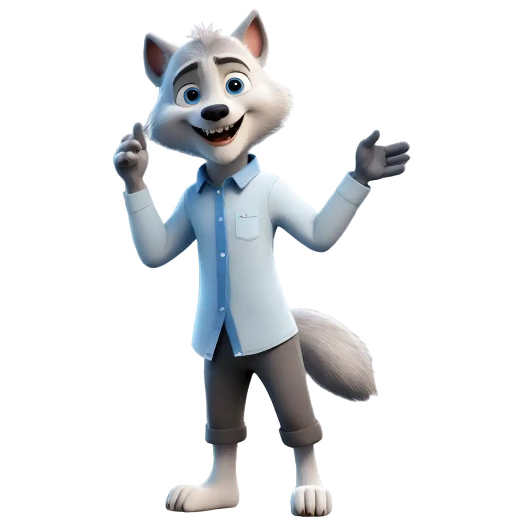 Happy-Little-Wolf-with-Blue-Eyes-and-Light-Blue-Shirt-Pointing-Realistic-8k-PNG-Image-in-Pixar-Style