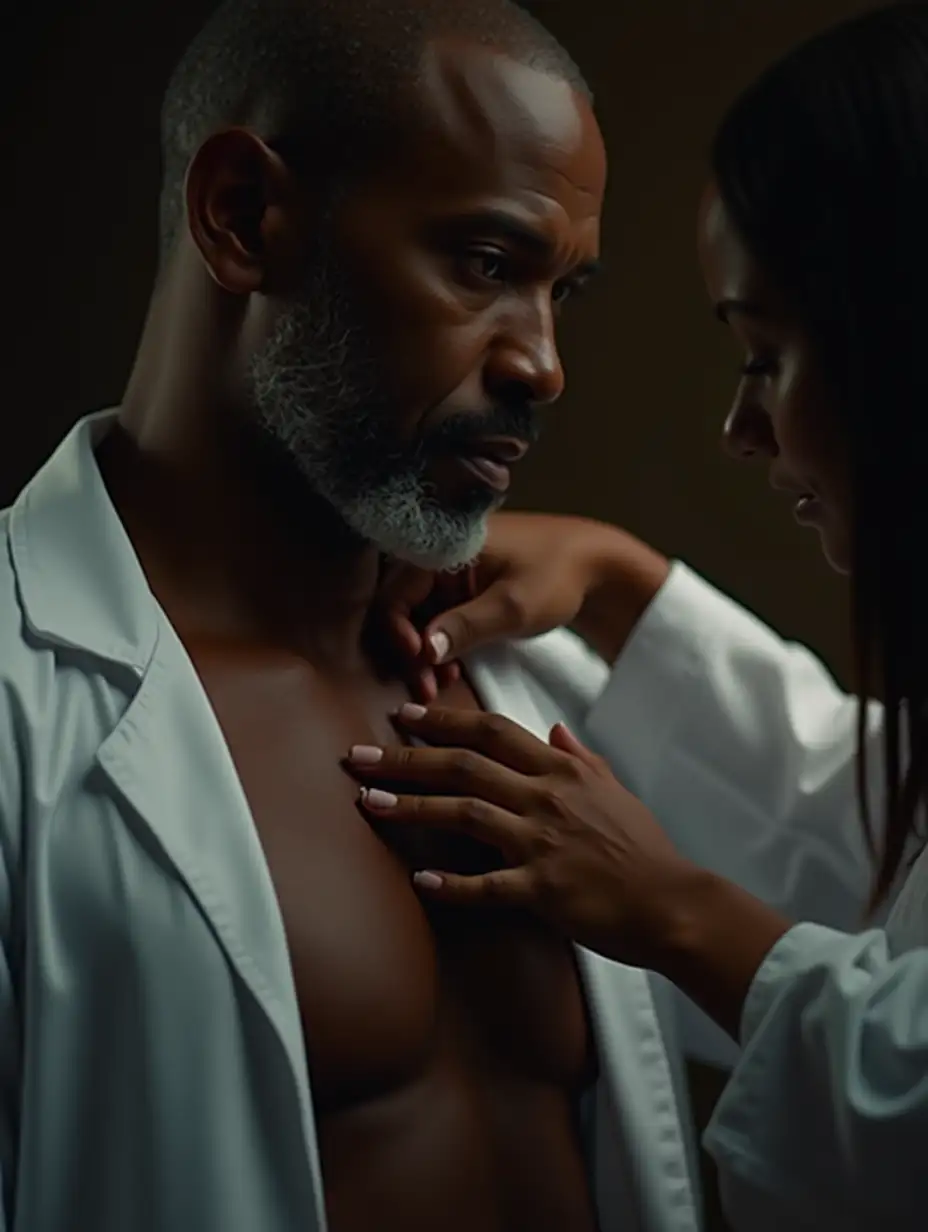 a very FAR back CAMERA ANGLE SHOT OF A romantic, cinematic close-up shot from the nose down to just below the chest of a handsome older Black man—around 50—with dark skin, a well-groomed beard peppered with soft greys. His mature physique is strong and well-maintained, showing subtle muscle beneath a partially unbuttoned shirt. The lighting is warm and moody, hinting at both tenderness and tension. A feminine, chocolate-toned A PRETTY FEMINE FEMALE hand WITH LONG NAILS —soft yet strong—rests over his bare chest, fingers splayed gently over his heart. YOU Can on see her back and back of head as she is dressed in a long white doctors coat Her arm is stretched out from off-frame, the sleeve of a crisp white lab coat visible, symbolizing her role as a doctor. Her face remains unseen, preserving mystery. There’s a quiet storm of emotion in the image—desire, devotion, and the weight of unspoken words—perfect for a Valentine’s Day love story layered with passion and drama. HD REALISM REALISTIC FULL BODY CINEMATIC DRAMA AESTHEIC I