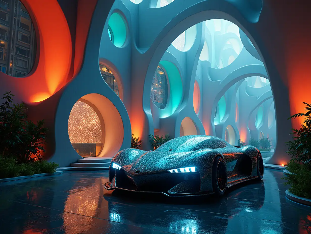 Create a high-resolution, realistic image in 4K resolution of a futuristic lit building with different colored bent columns and many plants and a futuristic vehicle with shattered glass