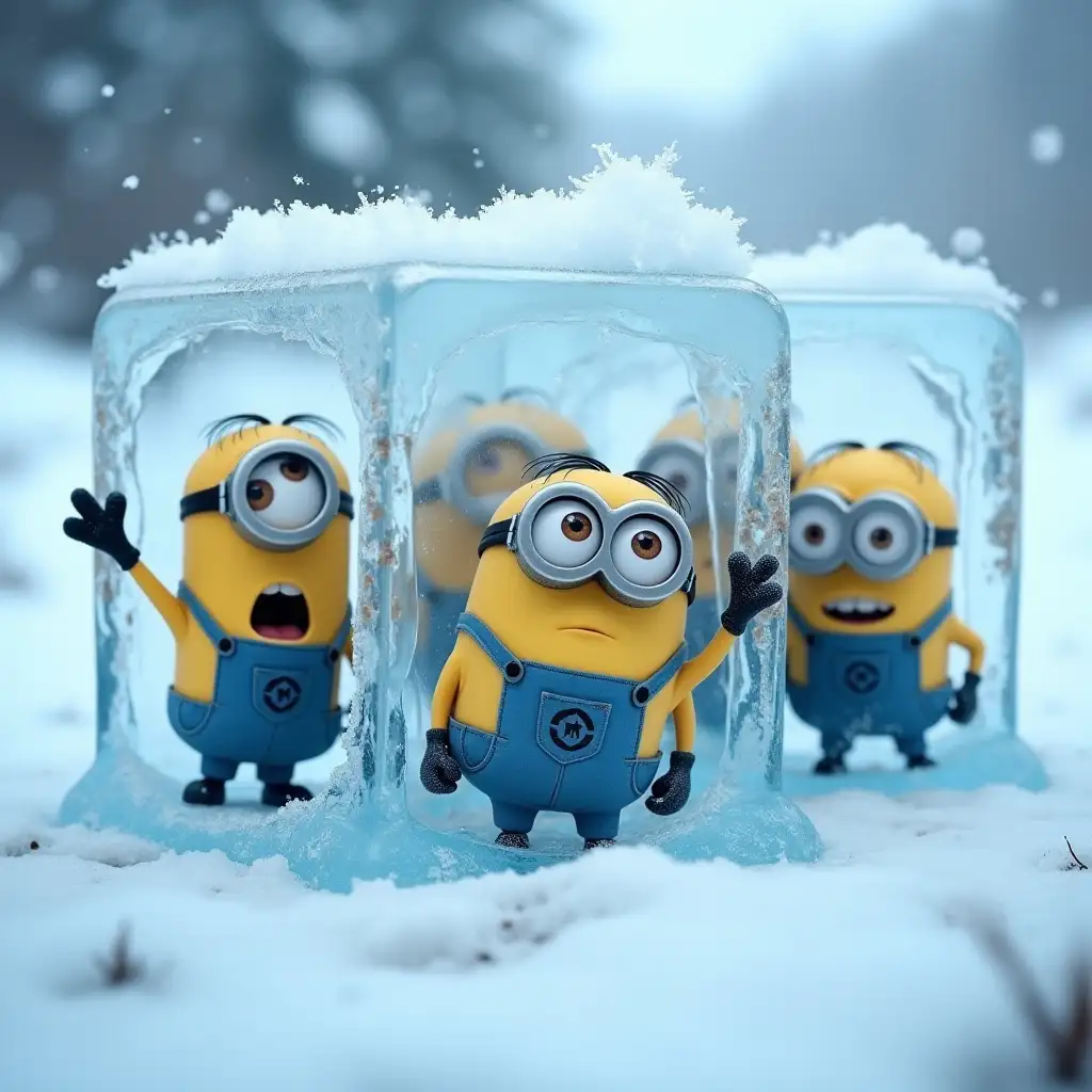 A group of Minions, the small, yellow, goggle-wearing characters, trapped inside large blocks of transparent ice. Their comical expressions of surprise and confusion are clearly visible through the ice, with their characteristic overalls and goggles still intact. The surrounding ice is frosted and cracked, with hints of blue light reflecting off the surface. The scene is set in a wintry environment, with snowflakes gently falling and an icy landscape stretching into the background