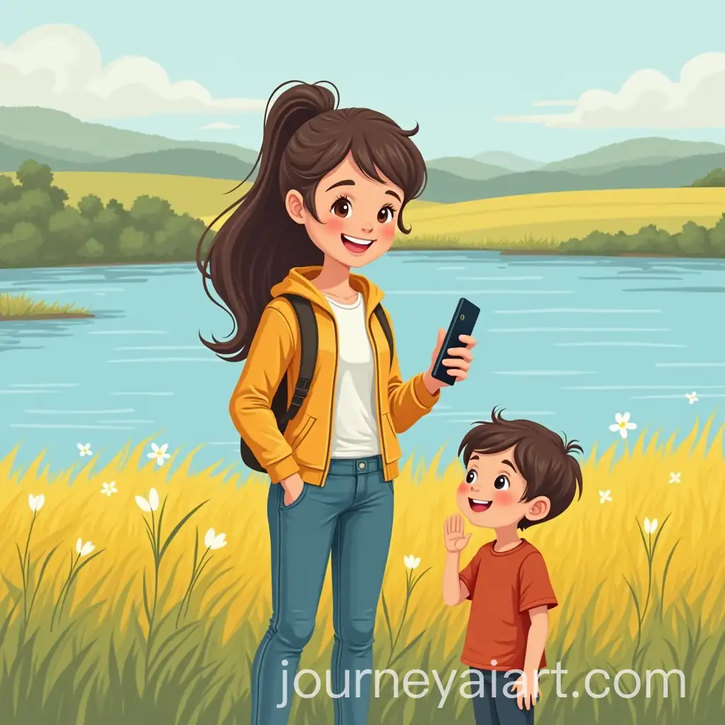 Joyful-Girl-and-Child-Smiling-by-a-Blue-River-and-Yellow-Field