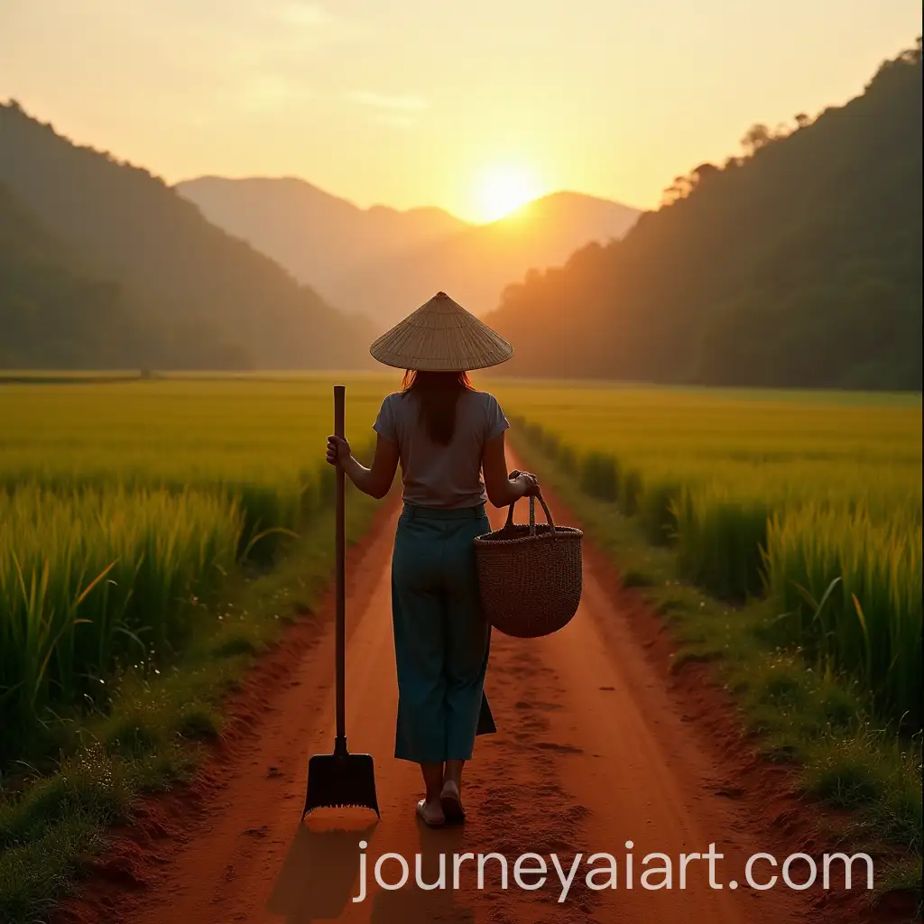 Farmer-Holding-Hoe-and-Basket-on-Red-Dirt-Road-at-Sunrise-with-Rice-Fields