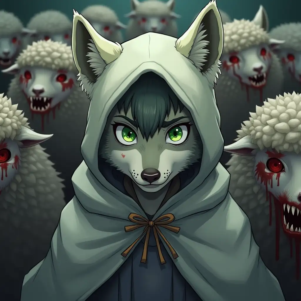 Dear green-eyed wolf with an expression of fear on his face. Wearing a clean cloak with a hood that looks like a sheepskin, covered with thick wool. The hood almost covers the wolf's muzzle. Around the wolf there is a crowd of scary zombie-sheep with bloody sharp fangs, glassy red eyes, dirty skins with wounds. The wolf does not stand out from the crowd. In anime style.