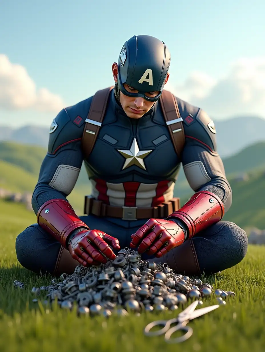 A highly detailed, ultra-realistic 3D-rendered image of Captain America sitting on a lush green hill, carefully assembling mechanical parts with precision. He is wearing his iconic blue suit with red and white stripes, a silver star on his chest, and a battle-worn helmet with the letter 'A' on the forehead. His red metallic gauntlets reflect the warm sunlight as he skillfully arranges a pile of bolts, gears, and metal rods with intense focus. A pair of scissors lies on the grass beside him. The background features rolling green landscapes stretching into the horizon under a clear blue sky with soft clouds. The lighting is warm and natural, enhancing the intricate textures of his suit, the metal components, and the grass. Rendered in stunning 4K resolution with cinematic composition, lifelike details, and realistic depth of field.