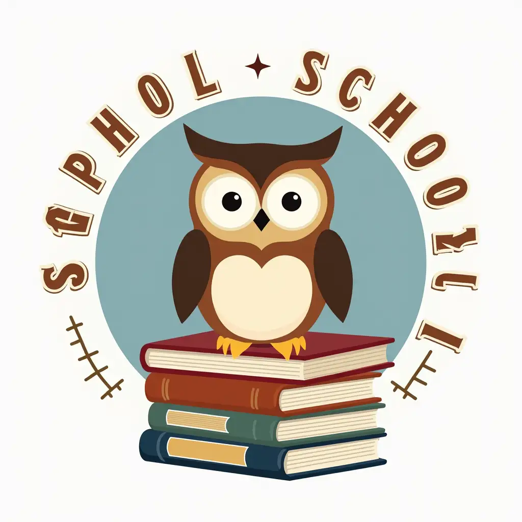 School logo, owl, textbooks with subjects in a circle