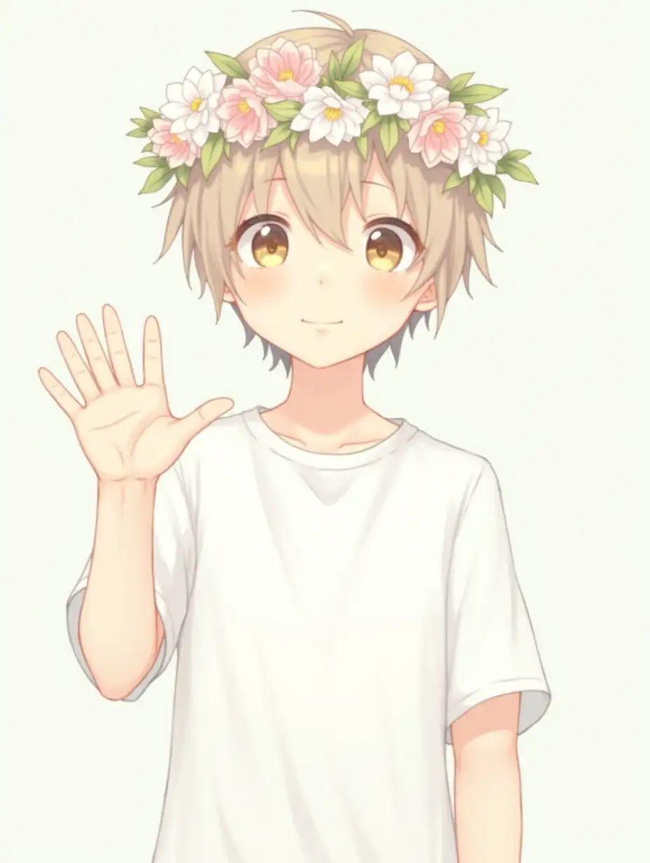 A boy in white shirt is standing and waving at the camera. He has a flower crown on his head. He has light hair.  Anime style.