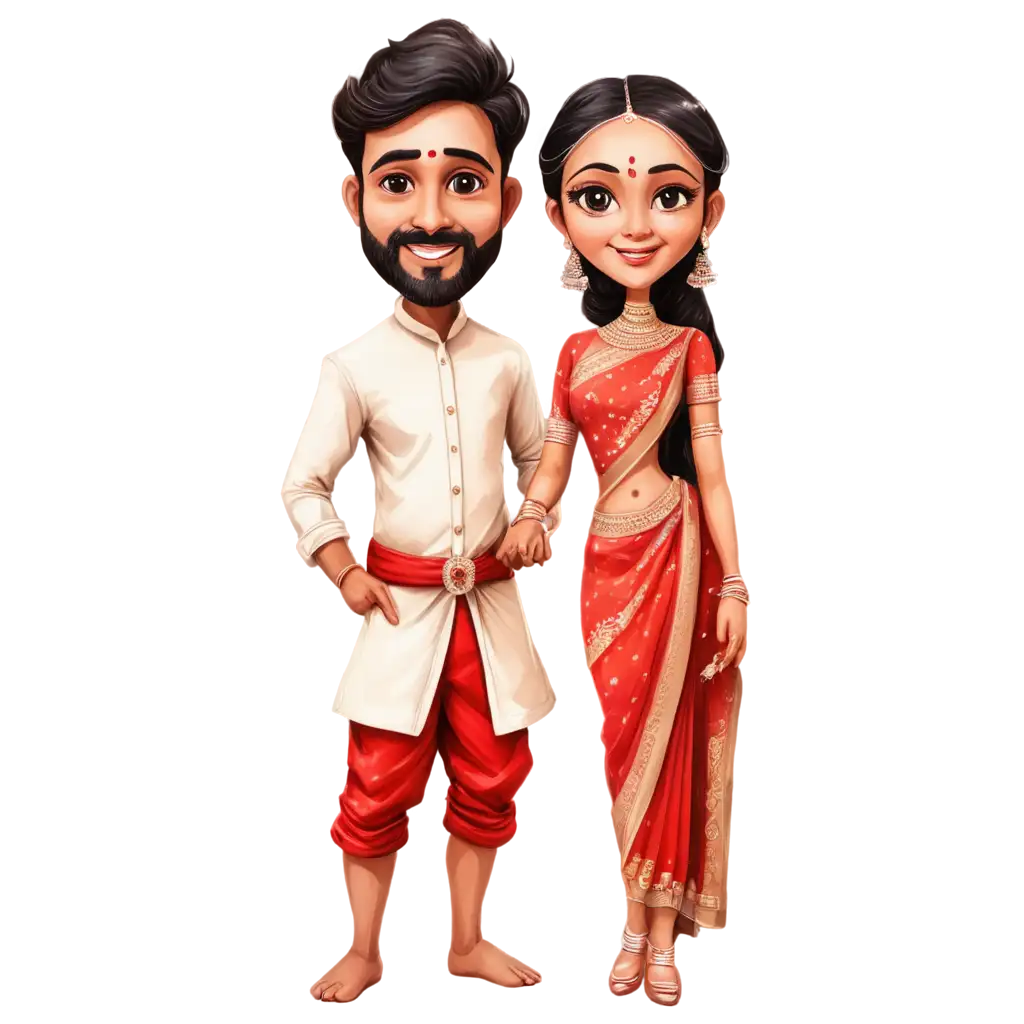 South-Indian-Wedding-Caricature-in-Royal-Attire-PNG-Image-of-Bride-in-White-Red-Saree-and-Groom-in-Lungi