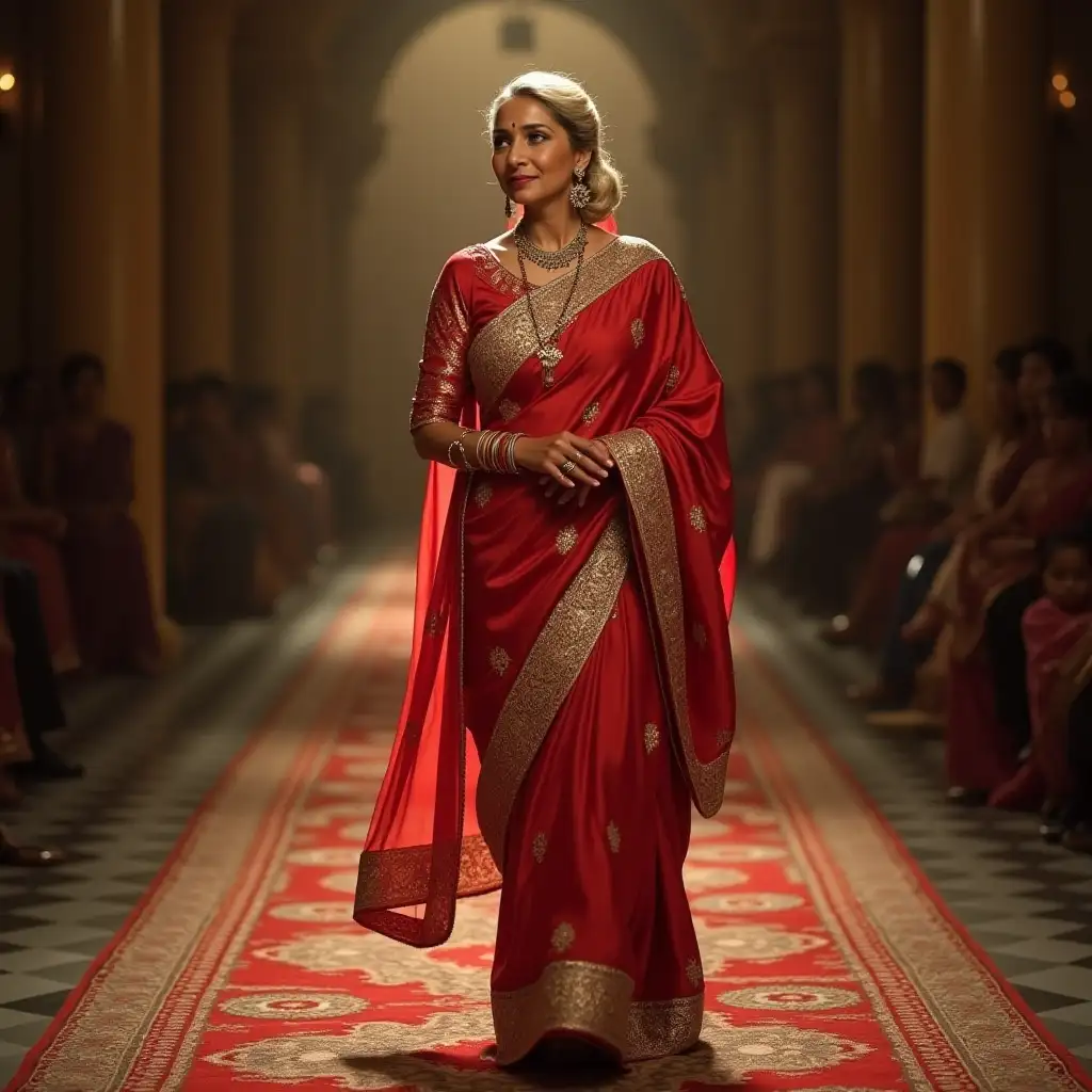 An elegant 50-year-old Indian woman, embodying regal grace, confidently walks down a ramp...