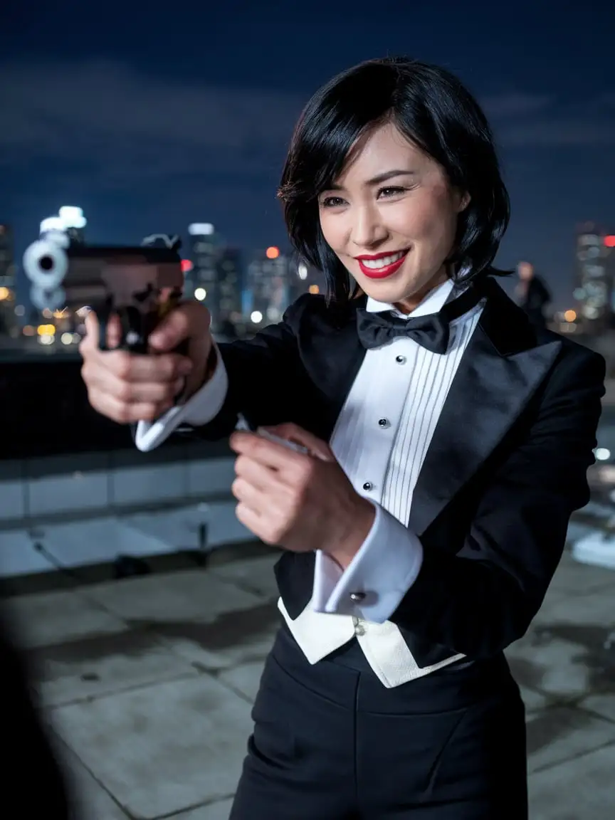 It is night at the top of a skyscraper.  A young smiling Chinese woman assassin with shoulder length black hair, and lipstick, mid-twenties of age, is walking forward toward the viewer.  She is wearing a tuxedo with a black jacket and black pants.  Her shirt is white with double french cuffs and a wing collar.  Her bowtie is black.   (Her cufflinks are large and black).  She is wearing shiny black high heels.  She is aiming a gun at you.