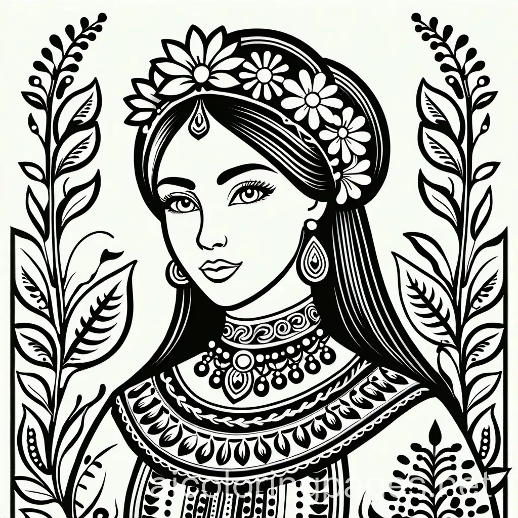 Ukrainian-Folklore-Coloring-Page-with-Floral-Woman-and-Animal-in-Line-Art