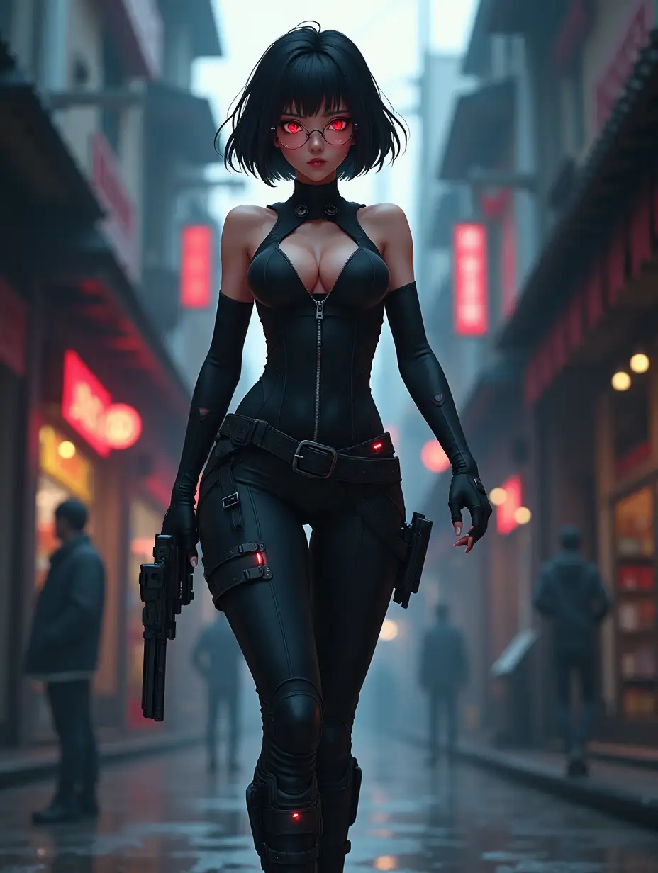 Short hair, mature Asian woman thief cyber runner in a dynamic full-length pose, eyes with red electronic pupils, large breast, extreme skintight body glove zipped down with cleavage, combat boots and combat belt. Full view of her body from boots up, low wide angle. Future store filled city alley street. Anime