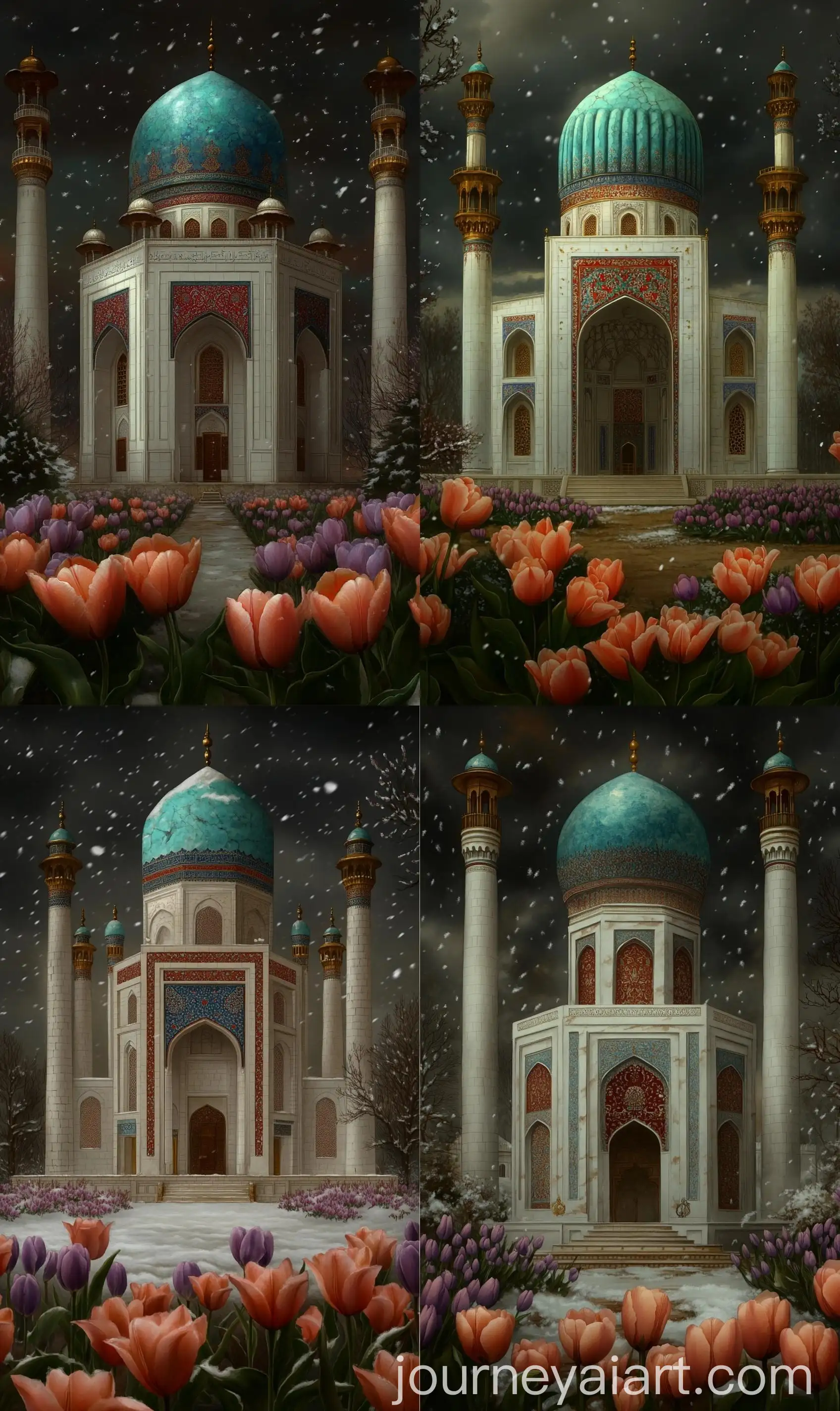 Watercolor-Art-Uzbekistan-Mughal-Shrine-with-Lavender-Tulip-Courtyard