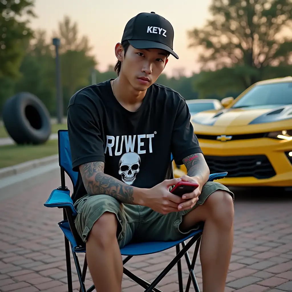 Korean-Man-in-Casual-Style-Sitting-on-Blue-Folding-Chair-with-Camaro-and-Trees-in-Background