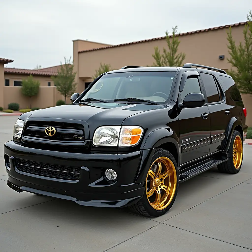 Make a blacked out 2004 Toyota Sequoia with gold trim and lowered to the ground with gold rims