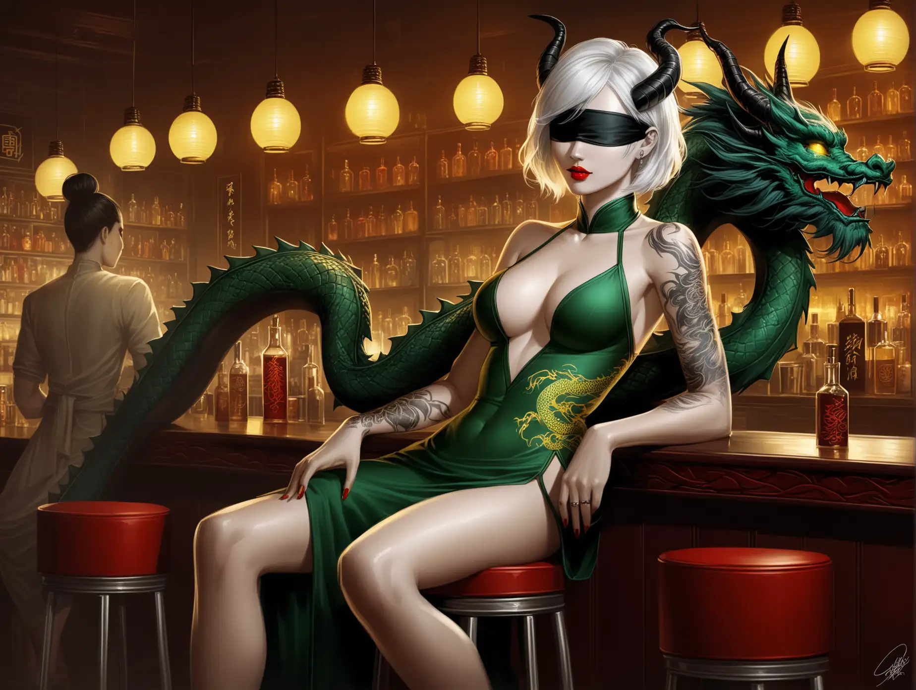 Chinese-Woman-with-Dragon-Horns-and-Blindfold-Sitting-at-Bar