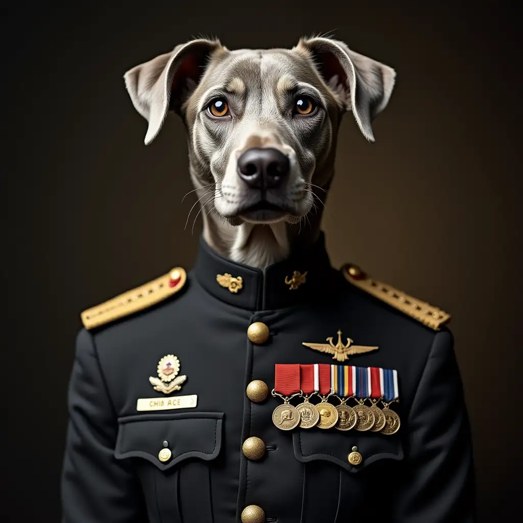 Portrait. An old gray dog with a scar on its muzzle. Wearing the uniform of a US army general. On the left chest in a row are three silver bones and two gold bones in the form of medals. Style of an old portrait.