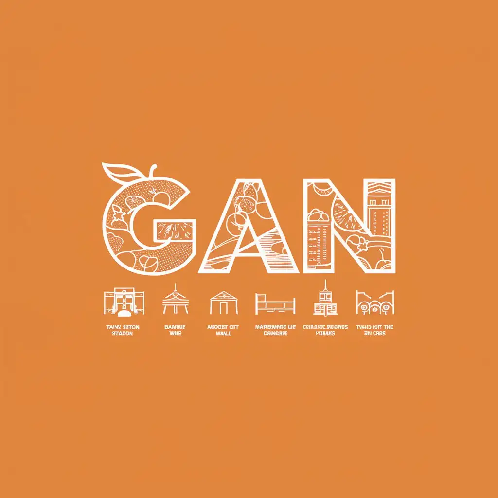 a vector logo design,with the text "Gan", main symbol:The logo is cleverly designed with the famous fruit of Gannan as its basis, and then perfectly integrates the elements of 'train station', 'Baji Tower', 'ancient city wall', 'Harmony Clock Tower', and 'confluence of the two rivers' which are well-known sights. In terms of color use, it carefully selects the vibrant and charming color of navel oranges.,Minimalistic,clear background