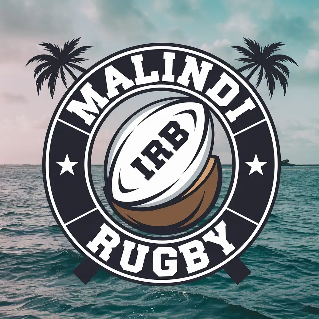 LOGO Design for Malindi Rugby Coconut IRB Rugby Ball with Ocean Ambience and Surrounding Text