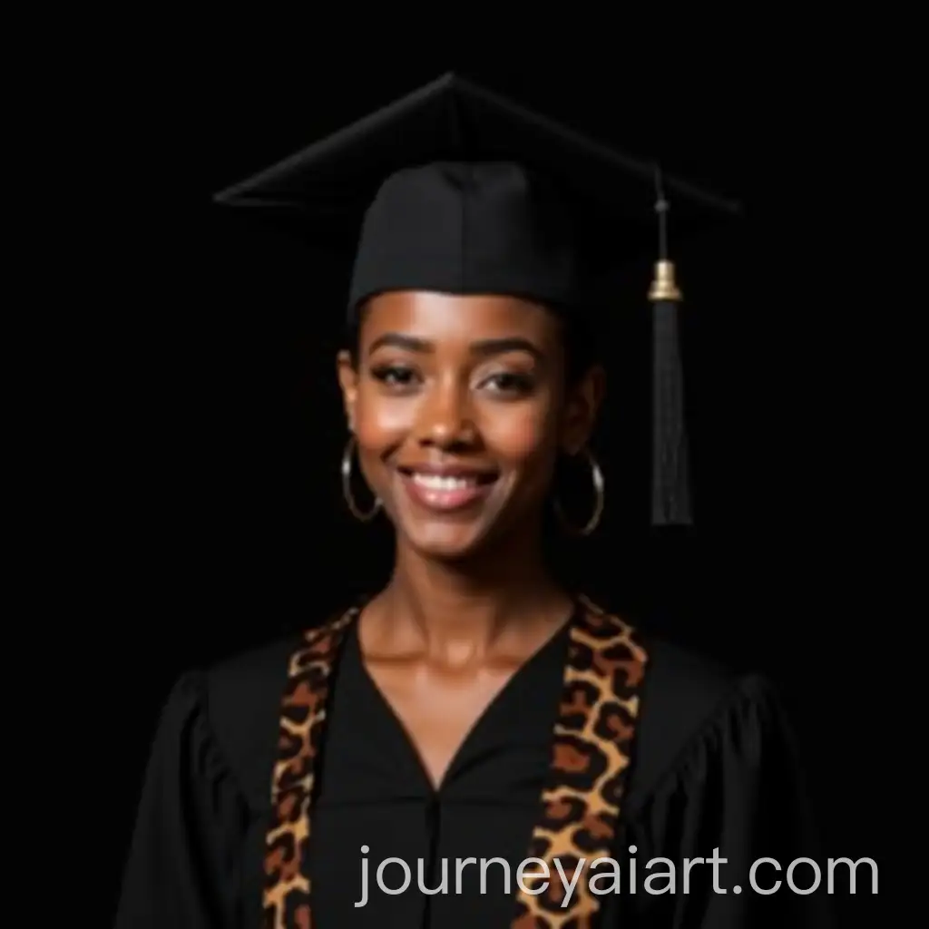 Woman-in-Black-Graduation-Gown-with-Leopard-Print-Smiling-Against-a-Dark-Background
