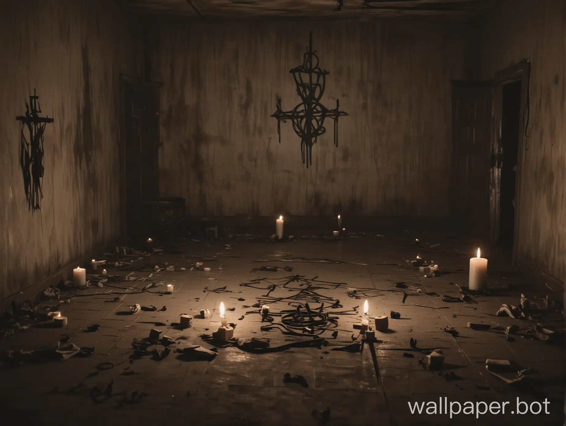 a ghost is in a rundown room, in a haunted house, there is an exorcism sigil on the ground and candles around