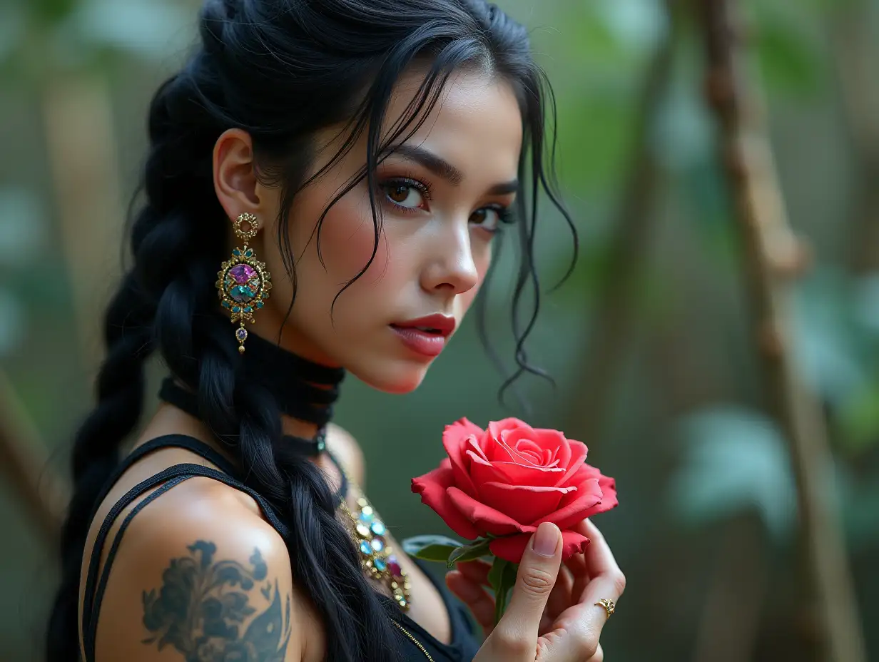 user_prompt: Hyperrealistic depiction of a beautiful white woman with henna tattoo, futuristic long black braided hair and laced boots, holding a rose with intricately detailed, colorful and futuristic jewelry in her hand. Background blurred out, 120-mm shot