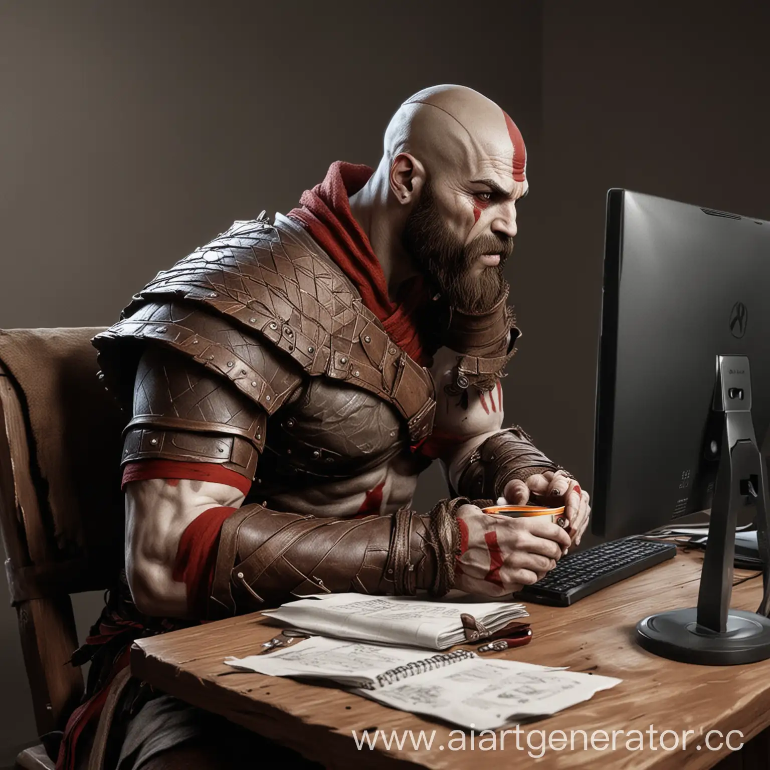 Kratos-Sitting-at-Computer-with-Coffee-Cup