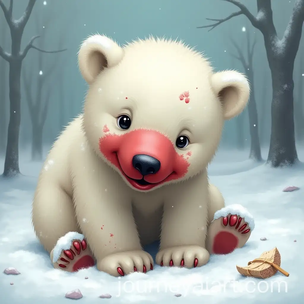 Baby-Polar-Bear-in-Medieval-Snowy-Village-After-Meal-with-Red-Paint-on-Face