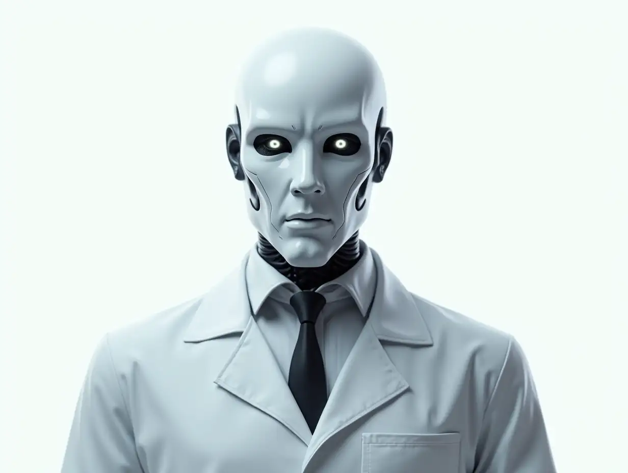 Generate a portrait image of an evil humanoid robot wearing a doctor's uniform against a white background. Only the upper half of the humanoid robot is in the frame. Add some highlights on the robot to separate it from the background. The robot should be looking straight to the camera