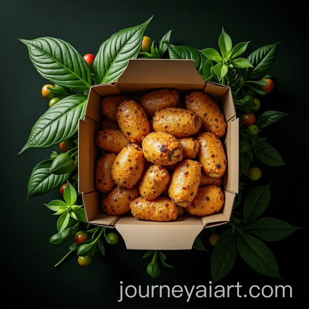 Photorealistic-Box-of-Food-Surrounded-by-Green-Plants-on-Dark-Background