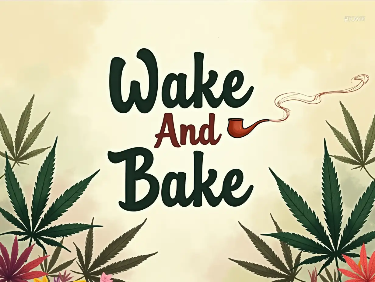 seamless design. Create a visually striking graphic featuring the phrase 'Wake And Bake' prominently displayed in a bold, stylish font. The background should blend warm and soft pastel colors like earthy greens and warm creams, evoking a serene, morning ambiance. Surround the text with an artistic arrangement of cannabis leaves, some in deep greens and others in subtle shades of red and purple, creating a layered, textured effect. Integrate wisps of smoke emanating from a stylized pipe, adding a delicate, flowing element that enhances the relaxed vibe of the scene. Use an impressionistic style to convey warmth and tranquility, ensuring the overall composition feels inviting and laid-back, perfect for a morning ritual.