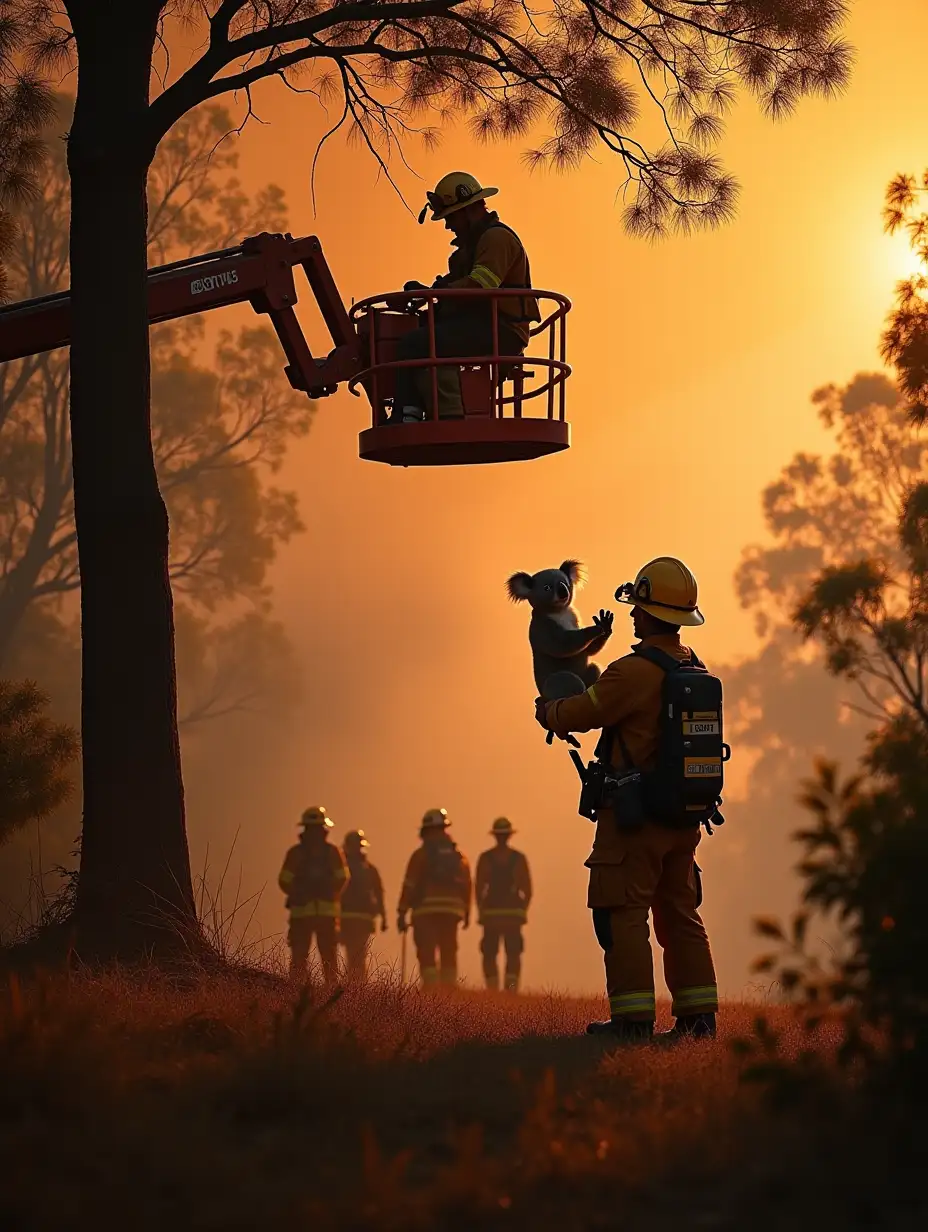 Firefighters using a cherry picker to rescue koalas from burning trees during a wildfire, with smoke billowing in the background. The emotional intensity of the scene highlights bravery and compassion in the face of disaster.