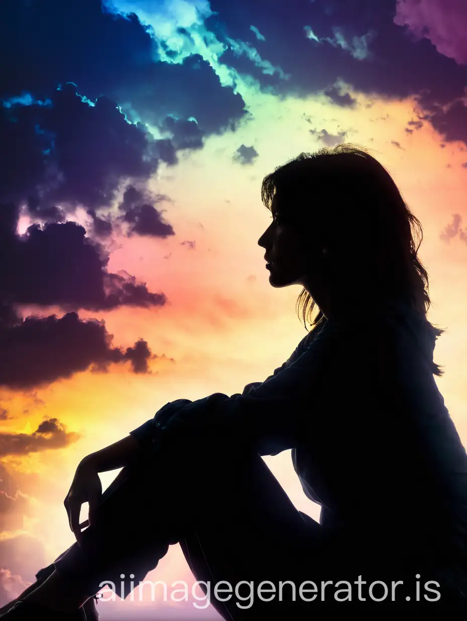 Female-Silhouette-Gazing-at-Colorful-Night-Sky-with-Clouds