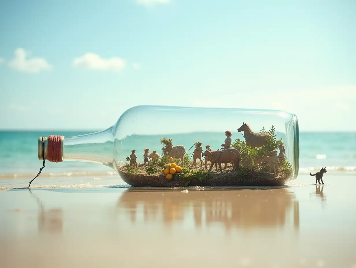 In a beautiful beach there is a large glass bottle, inside is a small village, with very many tiny people, with fruit plantation, carriage, horses, cats, quite big-real photo, triple exposure, basic idea of something beautiful photo