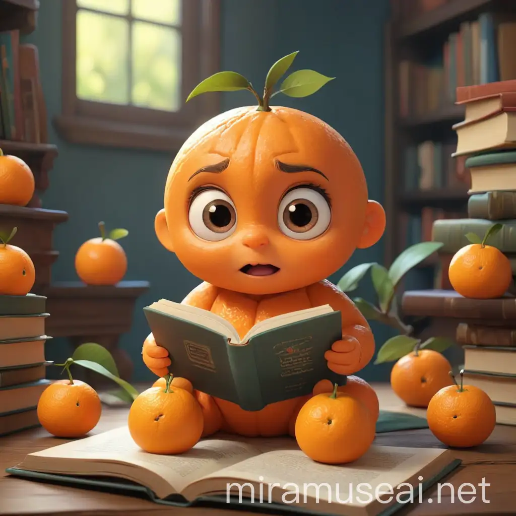 Adorable Orange Fruit Reading Book Cute Baby Character in Pixar Style