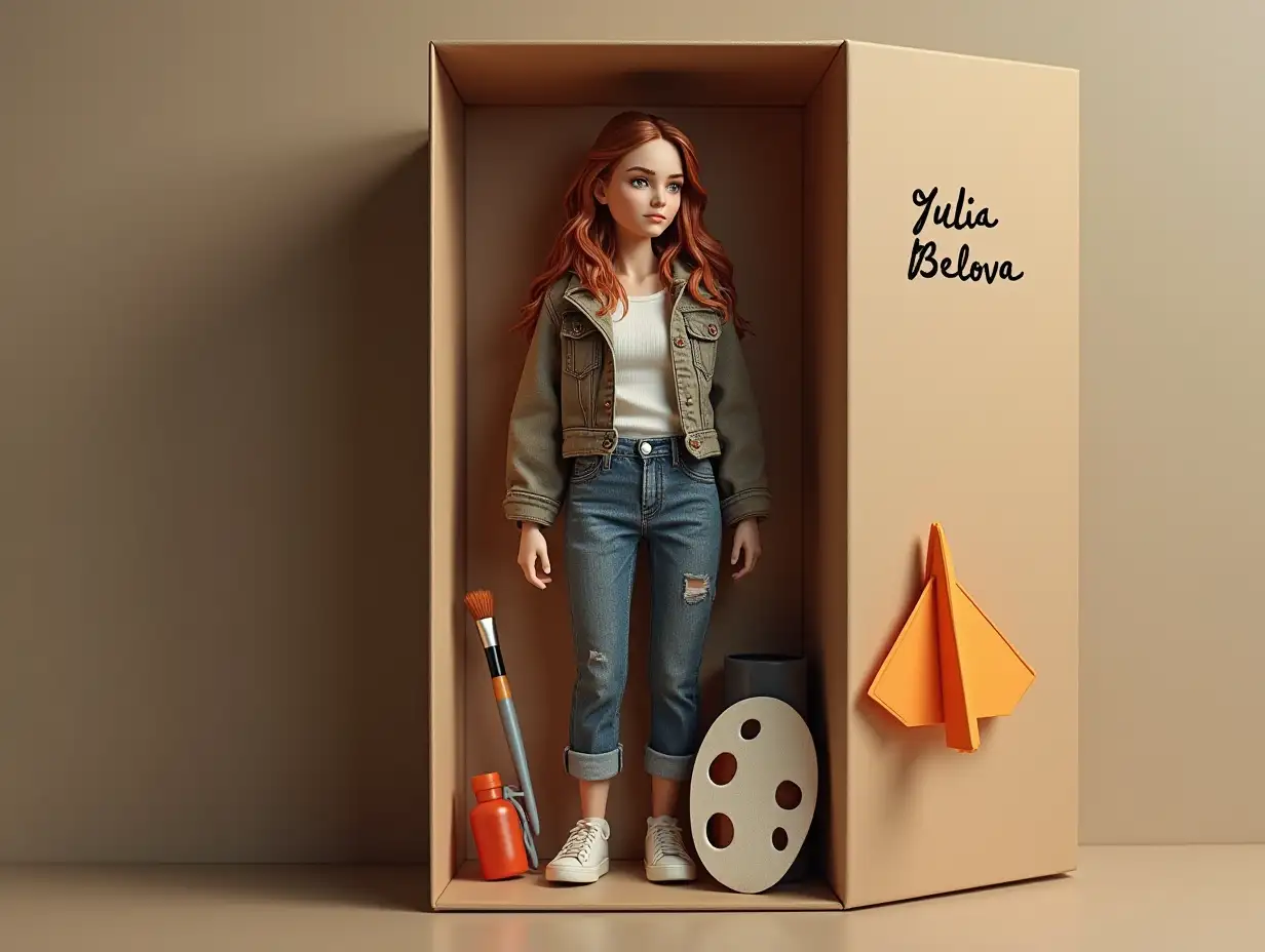 Create a realistic figurine of a person in a photo. This should be an action figure in a box, like a collectible item. On the box - the inscription: [Yulia Belova]. Inside next to the figurine - accessories: [palette with brush, book, orange paper airplane]