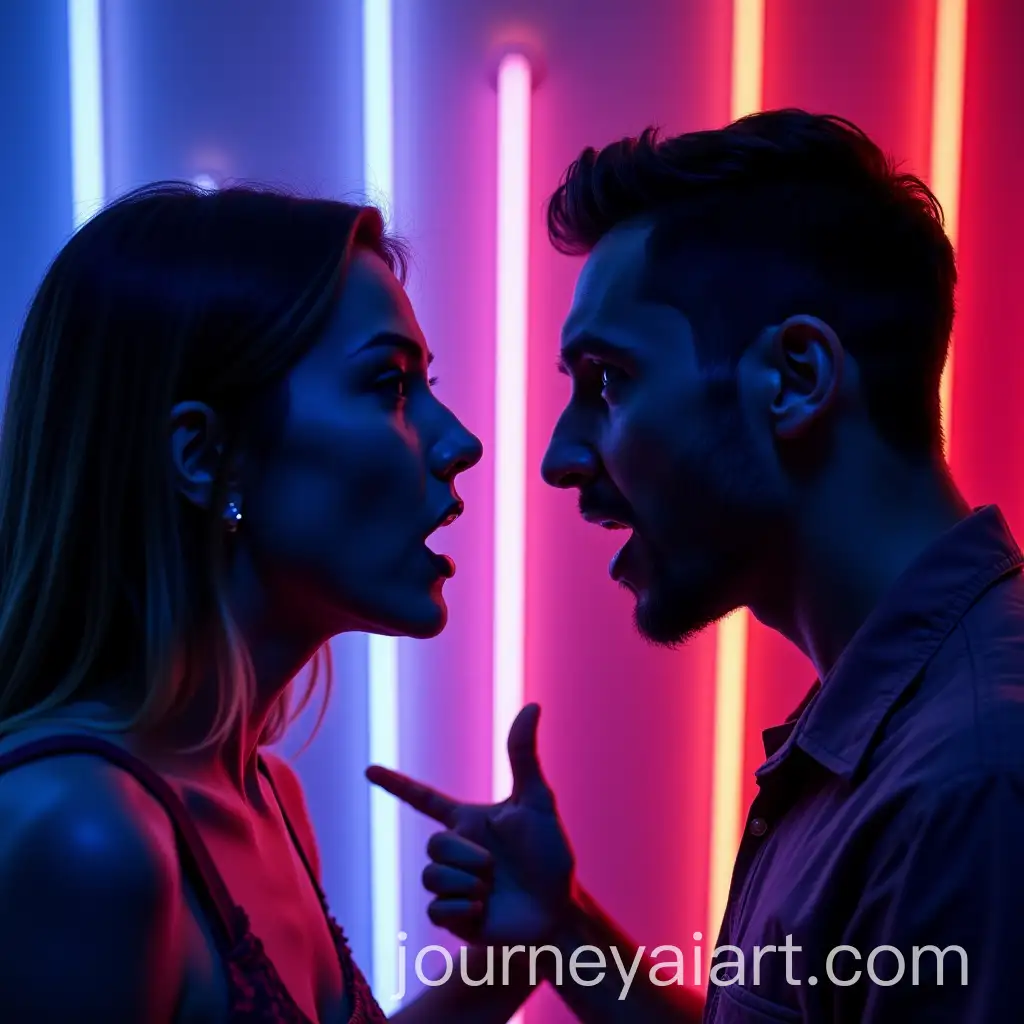 Intense-Argument-Between-a-BlueThemed-Woman-and-a-RedThemed-Man-Under-Neon-Lights