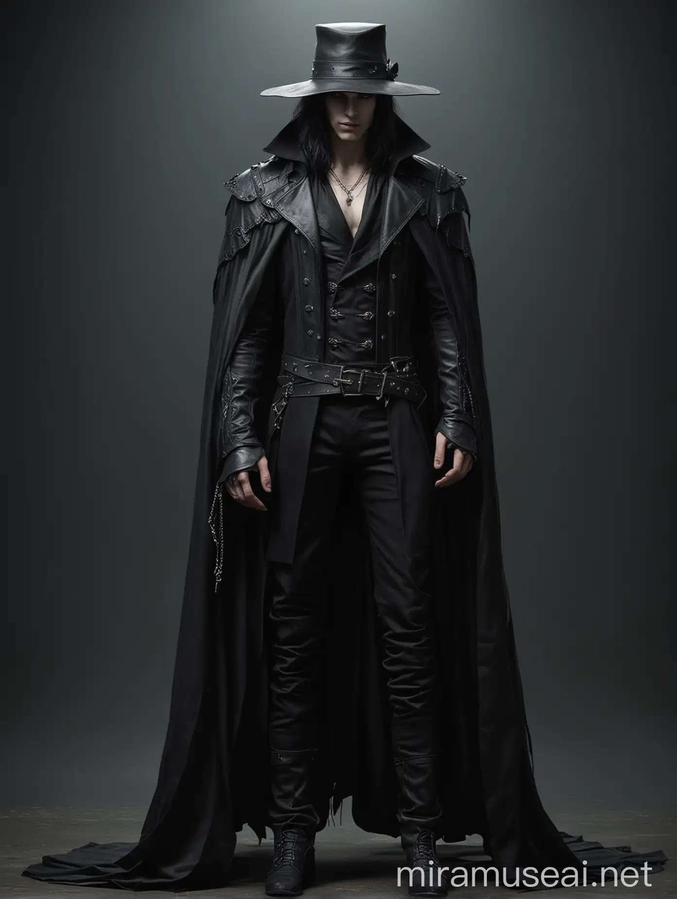 Dark Fantasy Young Male Vampire in Leather Cloak and Hat